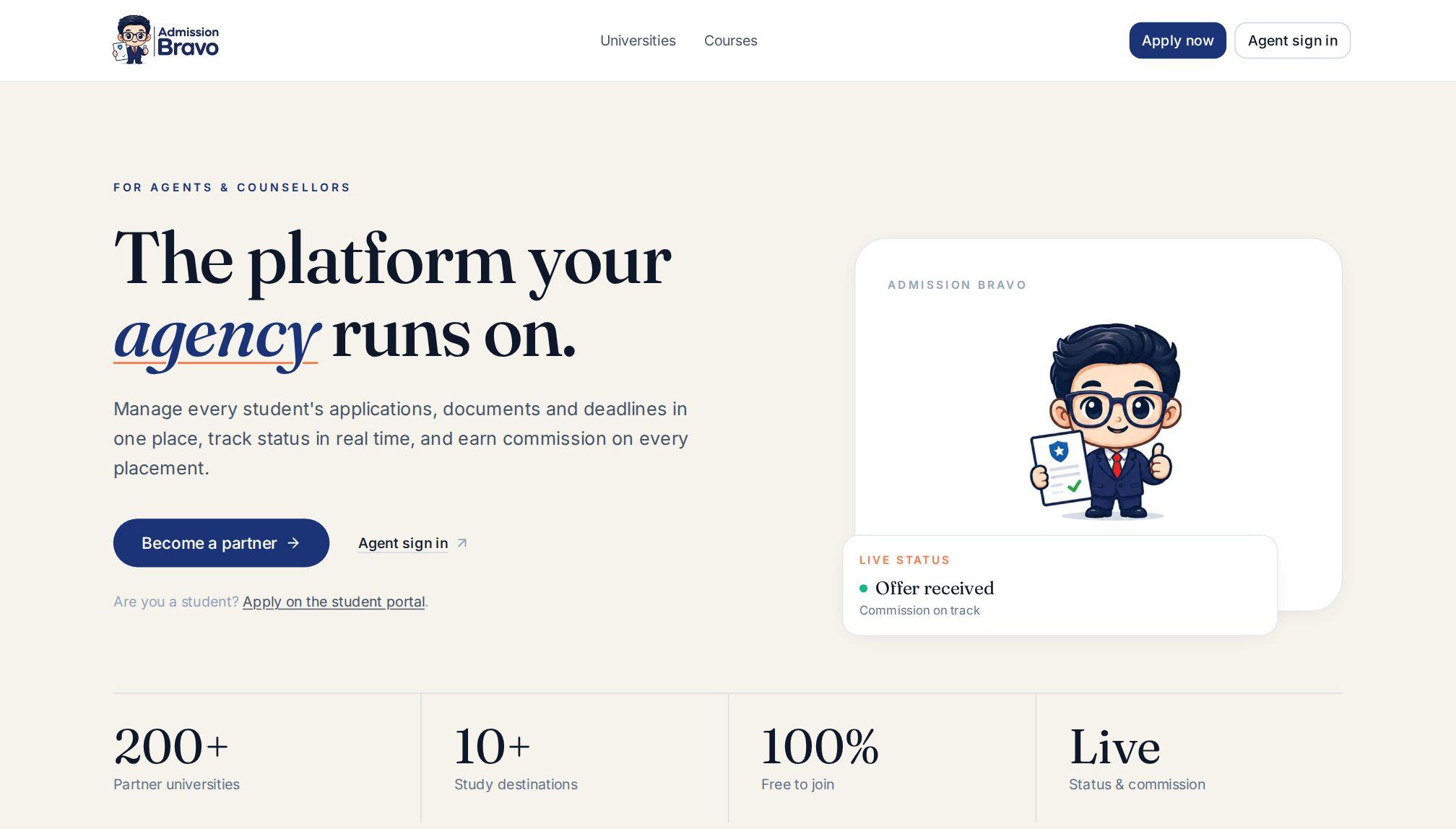 Admission Bravo for Agencies, Agent workspace: applications, documents and commission tracking
