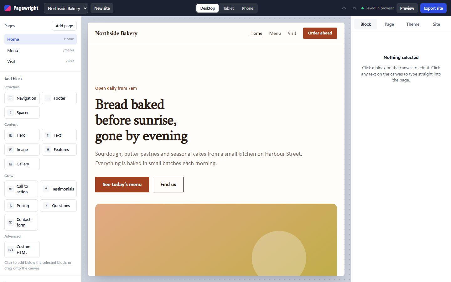 The website builder editor: page list and block library on the left, a bakery website on the canvas, and settings on the right